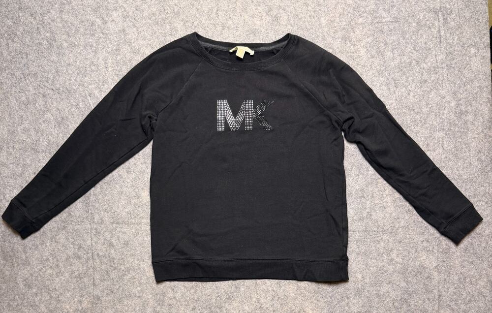 Michael Kors Womens S Black MK Logo Sweatshirt Studded Rhinestone Raglan Pullove